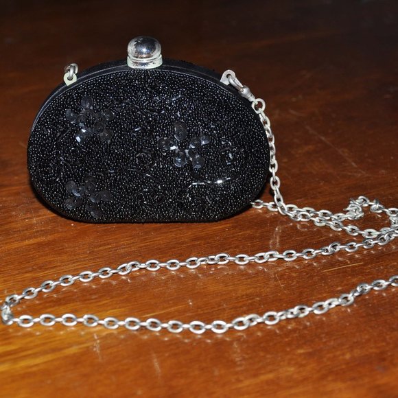 Inge Christopher Floral Seed Bead Evening Purse Black & Silver Clasp Closure - Picture 1 of 8